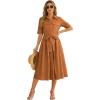 imageOmoone Womens Summer Button Down Shirt Dress 2026 Casual Short Sleeve Tie Waist Boho Midi Maxi DressesCaramel