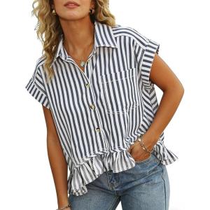 imageOmoone Striped Button Down Shirt Short Sleeve Oversized Ruffled Hem Casual Blouse Lightweight Summer Top with PocketBlack