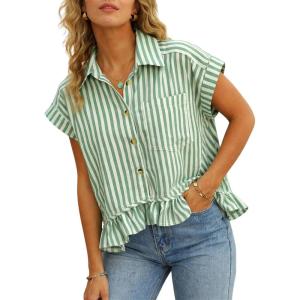 imageOmoone Striped Button Down Shirt Short Sleeve Oversized Ruffled Hem Casual Blouse Lightweight Summer Top with PocketGreen