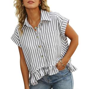 imageOmoone Striped Button Down Shirt Short Sleeve Oversized Ruffled Hem Casual Blouse Lightweight Summer Top with PocketGrey