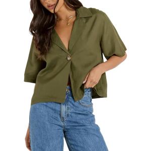 imageOmoone Womens Button Down Shirts Cotton Linen Shirt Casual 34 Sleeve V Neck Crop Top Blouse CardiganArmygreen