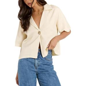 imageOmoone Womens Button Down Shirts Cotton Linen Shirt Casual 34 Sleeve V Neck Crop Top Blouse CardiganBeige