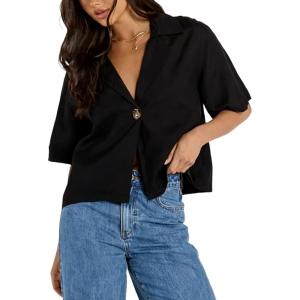 imageOmoone Womens Button Down Shirts Cotton Linen Shirt Casual 34 Sleeve V Neck Crop Top Blouse CardiganBlack