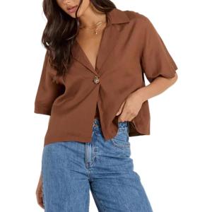 imageOmoone Womens Button Down Shirts Cotton Linen Shirt Casual 34 Sleeve V Neck Crop Top Blouse CardiganBrown