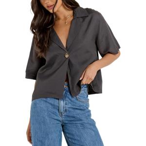 imageOmoone Womens Button Down Shirts Cotton Linen Shirt Casual 34 Sleeve V Neck Crop Top Blouse CardiganDarkgrey