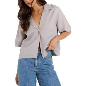 imageOmoone Womens Button Down Shirts Cotton Linen Shirt Casual 34 Sleeve V Neck Crop Top Blouse CardiganGrey