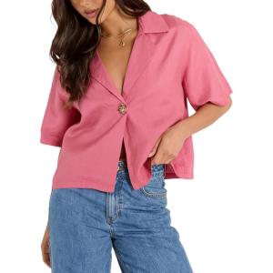 imageOmoone Womens Button Down Shirts Cotton Linen Shirt Casual 34 Sleeve V Neck Crop Top Blouse CardiganHotpink
