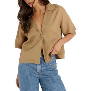 imageOmoone Womens Button Down Shirts Cotton Linen Shirt Casual 34 Sleeve V Neck Crop Top Blouse CardiganKhaki