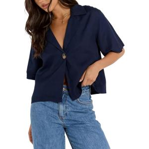 imageOmoone Womens Button Down Shirts Cotton Linen Shirt Casual 34 Sleeve V Neck Crop Top Blouse CardiganNavy
