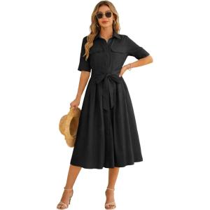 imageOmoone Womens Summer Button Down Shirt Dress 2026 Casual Short Sleeve Tie Waist Boho Midi Maxi DressesBlack