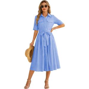 imageOmoone Womens Summer Button Down Shirt Dress 2026 Casual Short Sleeve Tie Waist Boho Midi Maxi DressesBlue