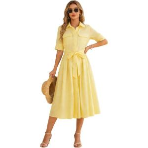 imageOmoone Womens Summer Button Down Shirt Dress 2026 Casual Short Sleeve Tie Waist Boho Midi Maxi DressesYellow